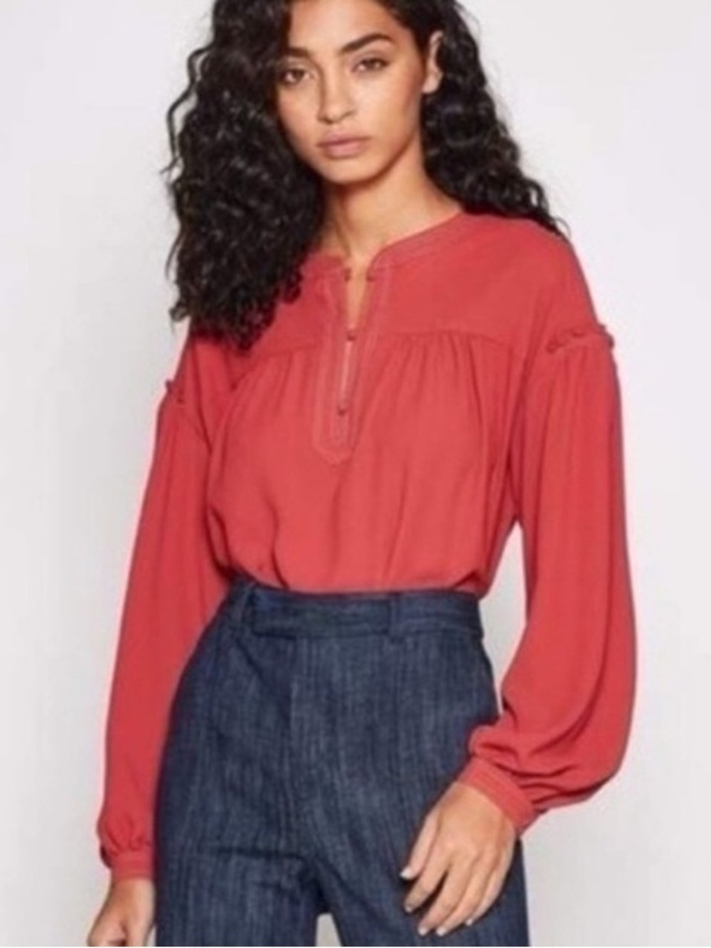 Joie Mirna Chiffon Puff Sleeve Peasant Blouse in Desert Spice Size Medium